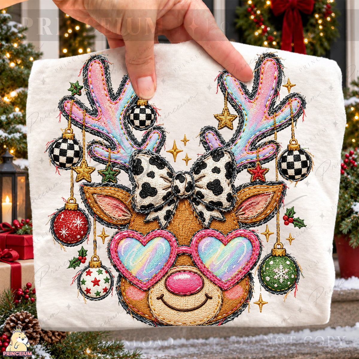 Embroidered Reindeer with Heart Glasses