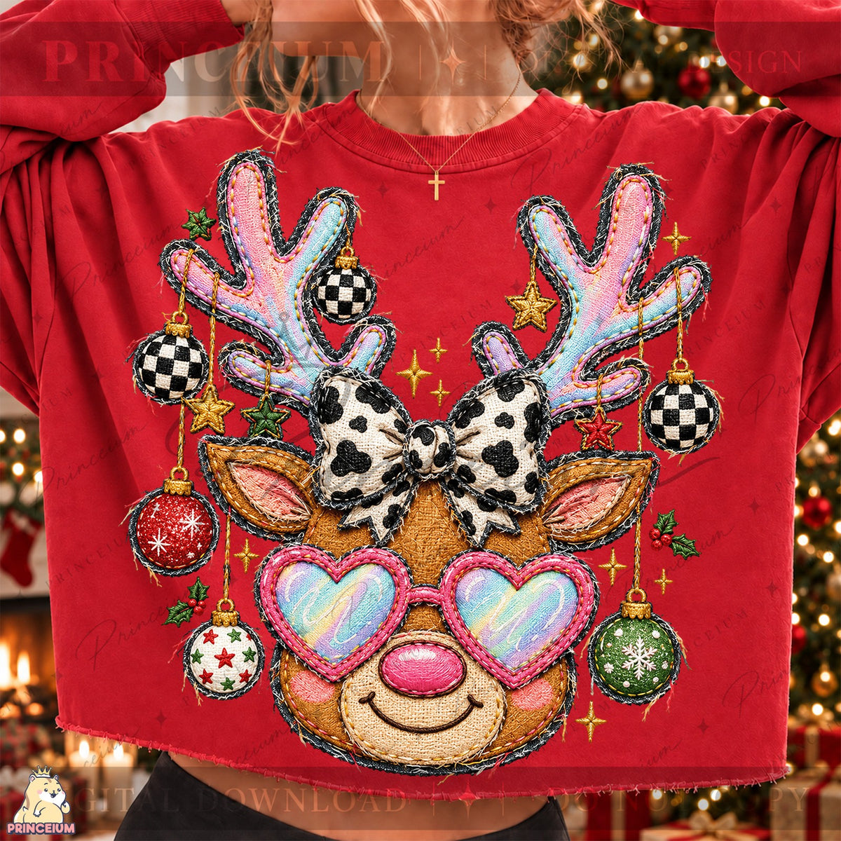 Embroidered Reindeer with Heart Glasses