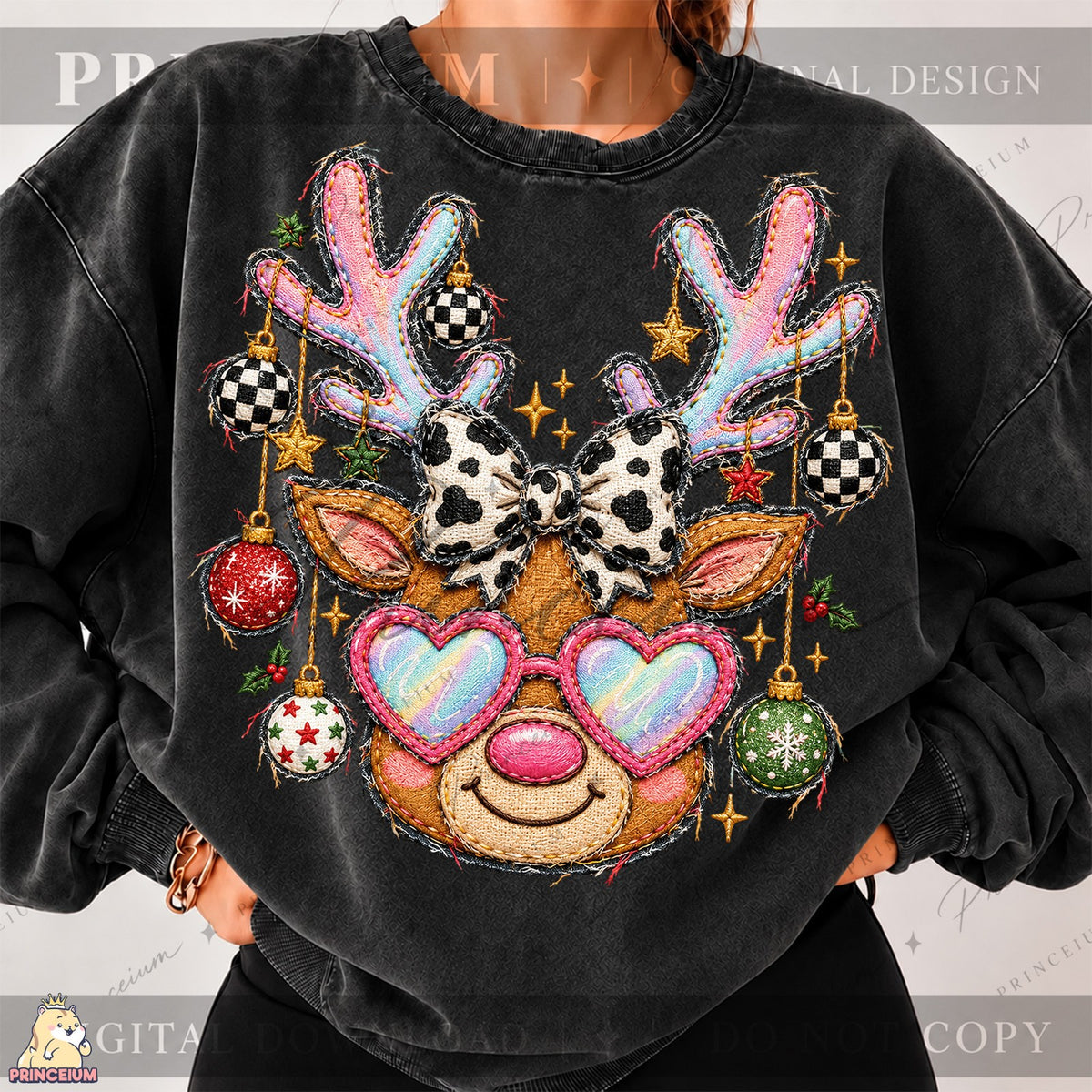 Embroidered Reindeer with Heart Glasses