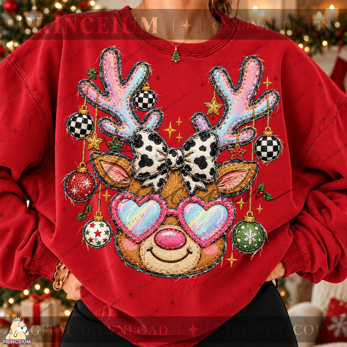 Embroidered Reindeer with Heart Glasses