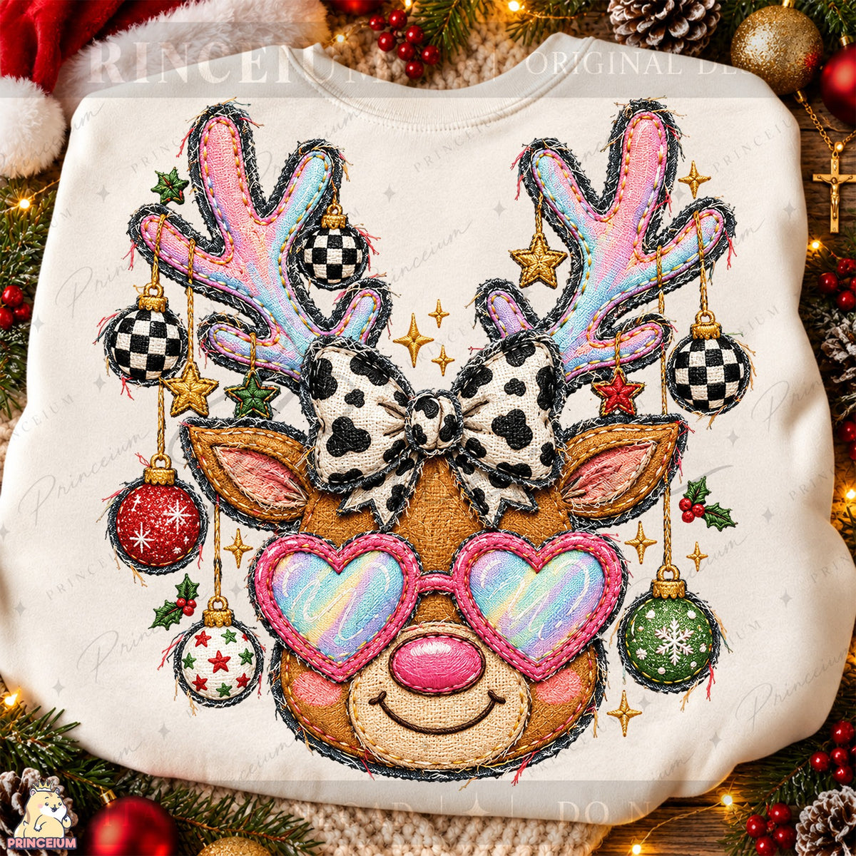 Embroidered Reindeer with Heart Glasses