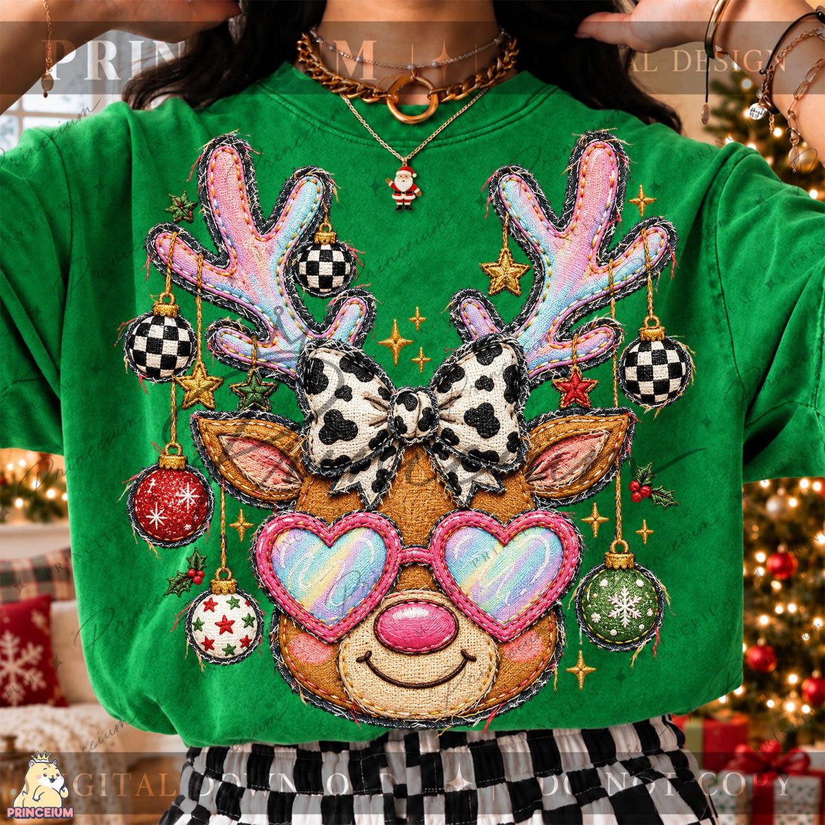 Embroidered Reindeer with Heart Glasses