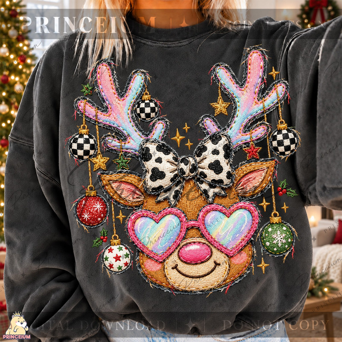 Embroidered Reindeer with Heart Glasses