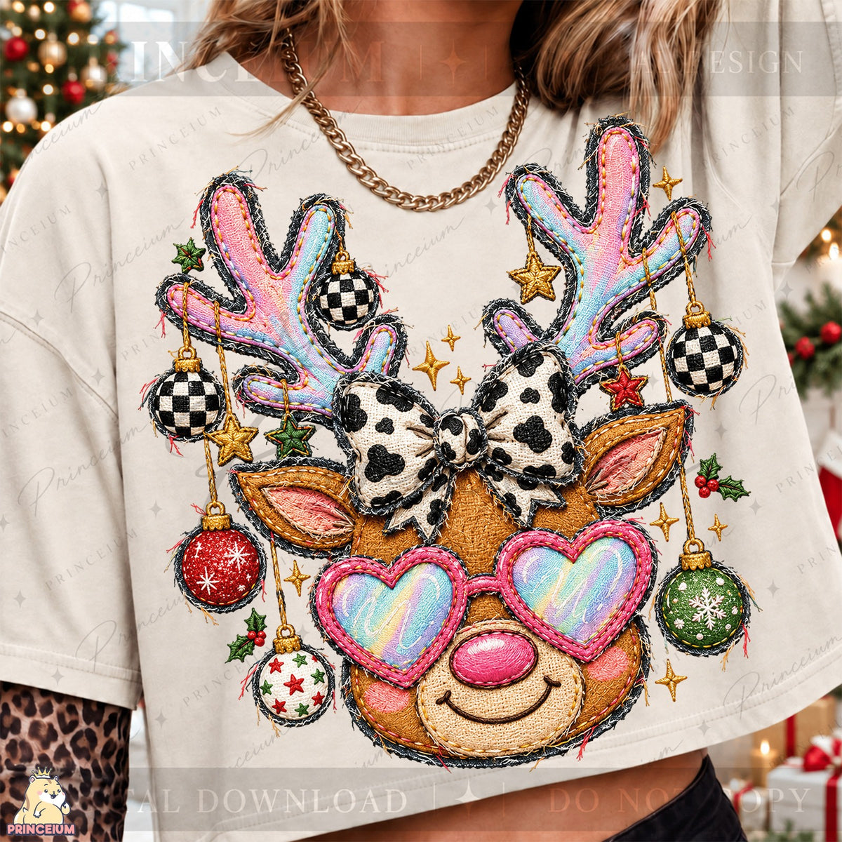 Embroidered Reindeer with Heart Glasses