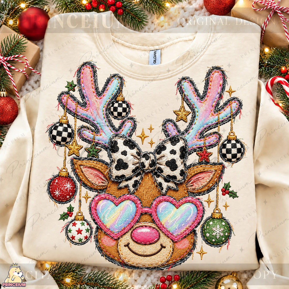 Embroidered Reindeer with Heart Glasses