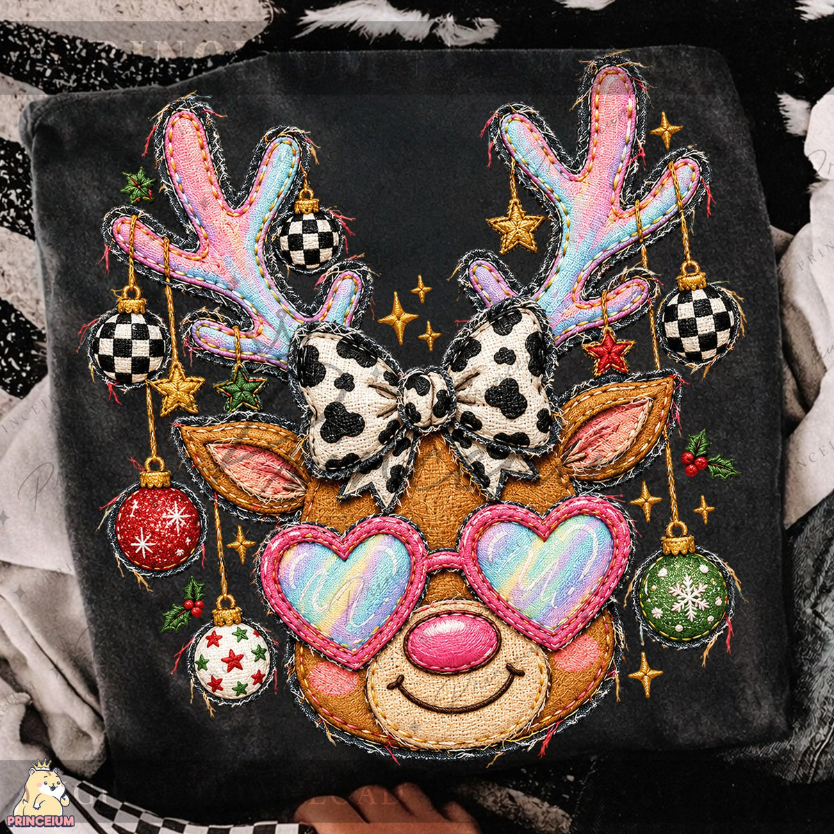 Embroidered Reindeer with Heart Glasses