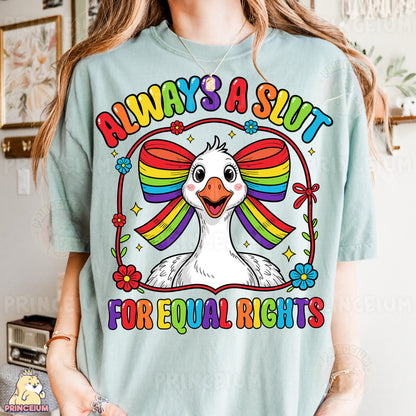 a woman wearing a t - shirt that says always a suit for equal rights