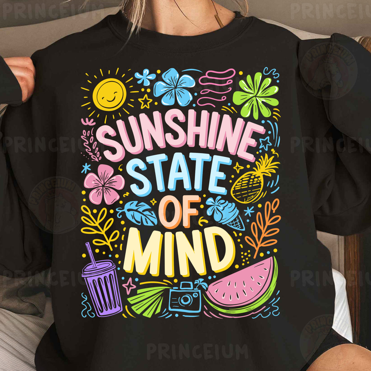 a woman wearing a black shirt that says sunshine state of mind