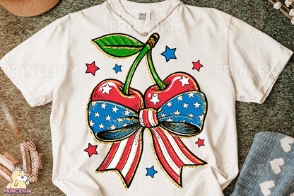 a white shirt with a red, white, and blue bow on it