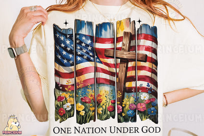 a woman wearing a t - shirt with a cross on it