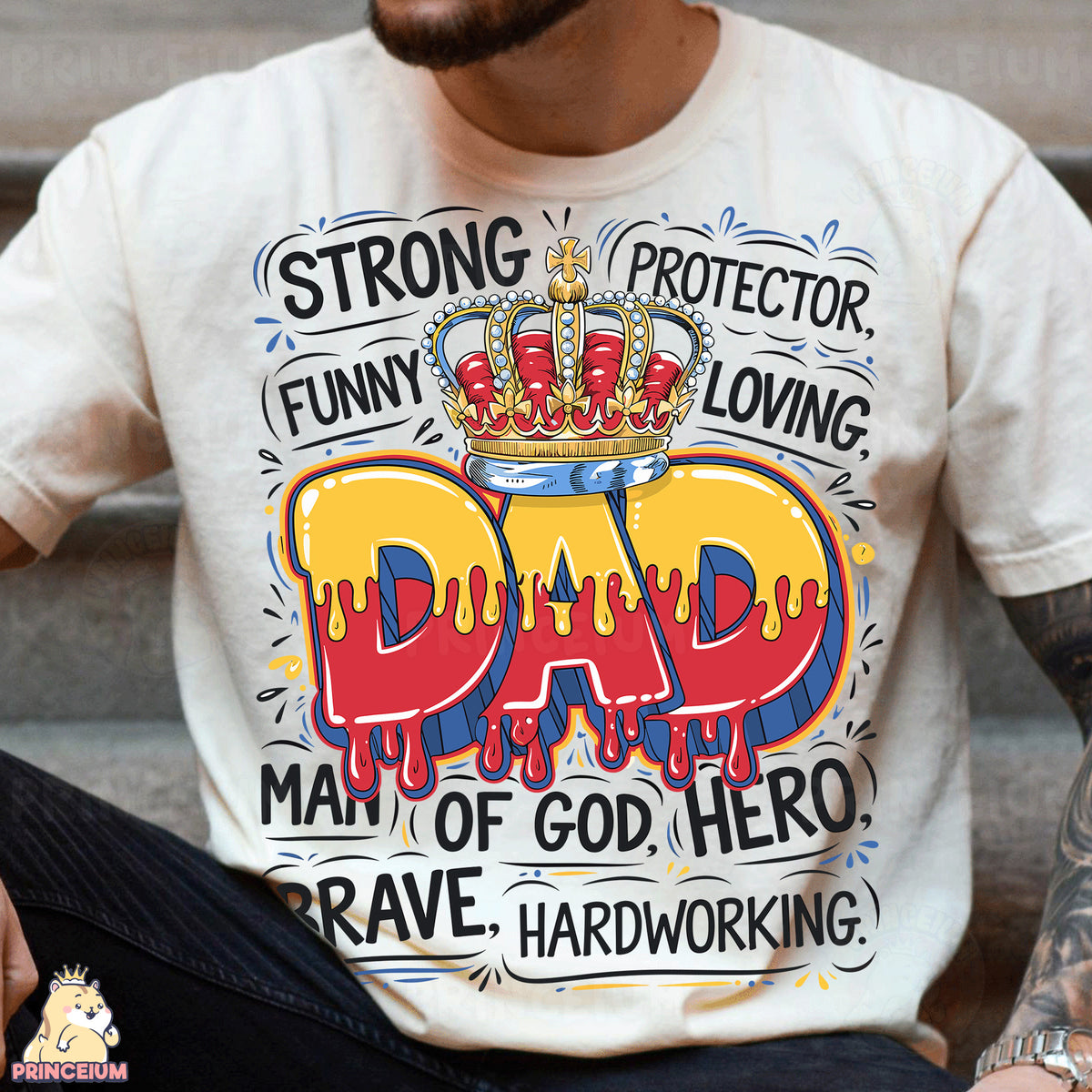 a man wearing a t - shirt with a crown on it