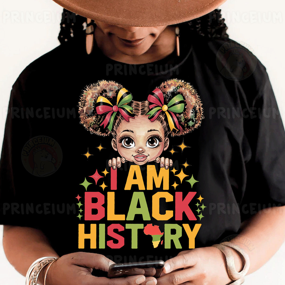 a woman wearing a black t - shirt with a cartoon character on it