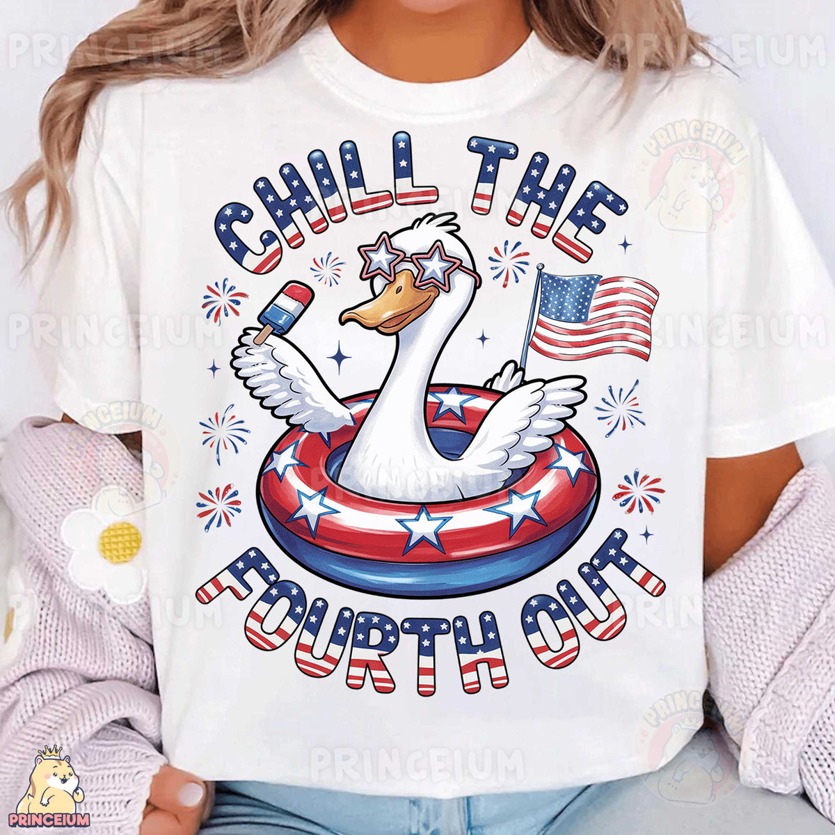 a woman wearing a t - shirt that says chill the fourth of july