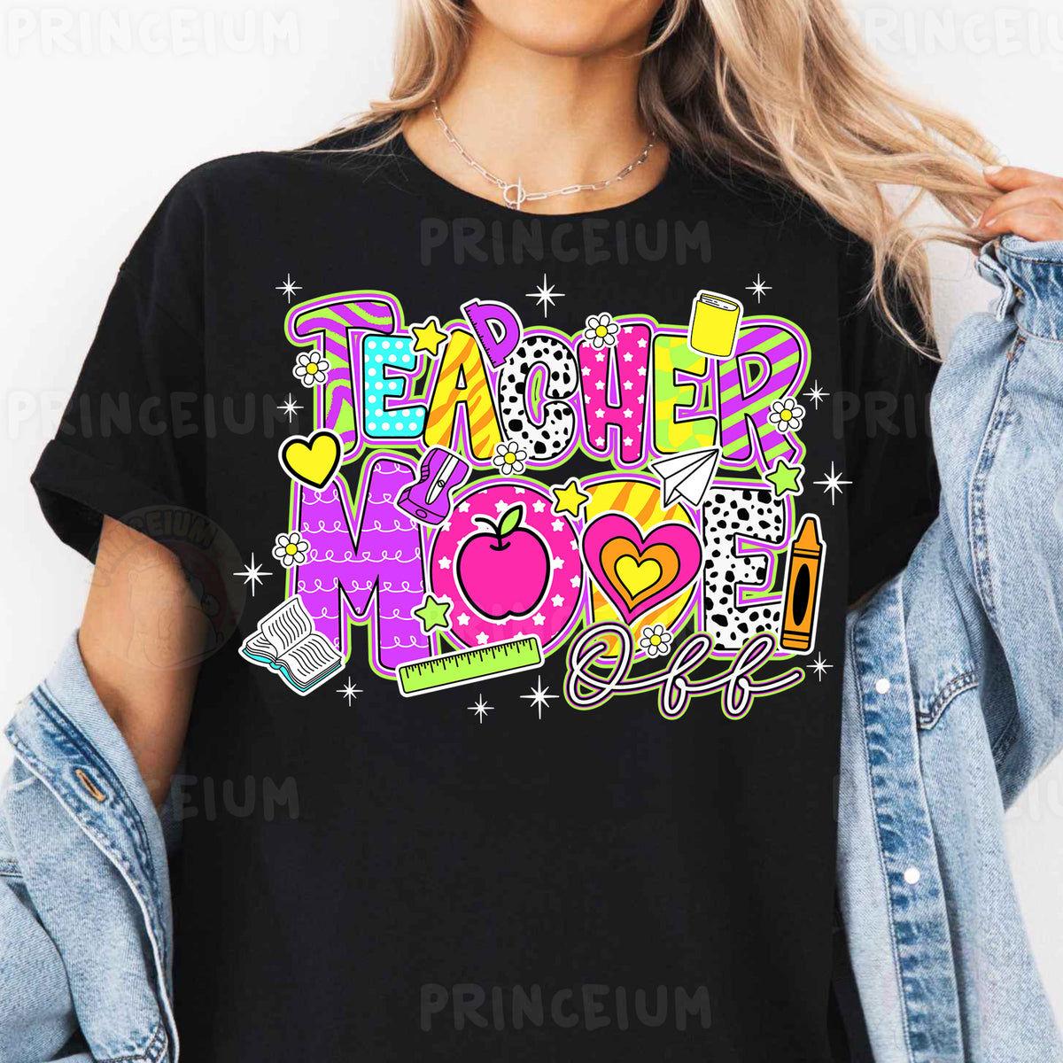 a woman wearing a teacher mom t - shirt