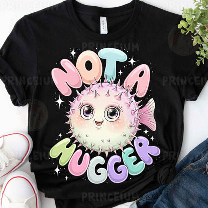 a black t - shirt with a pink puffer fish on it