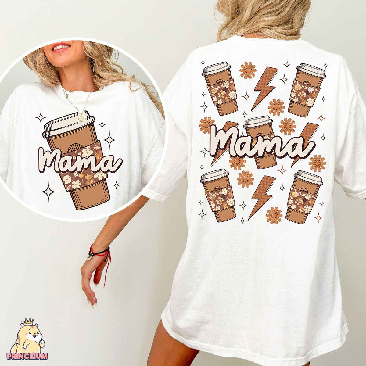 a woman wearing a white shirt with a cup of coffee on it