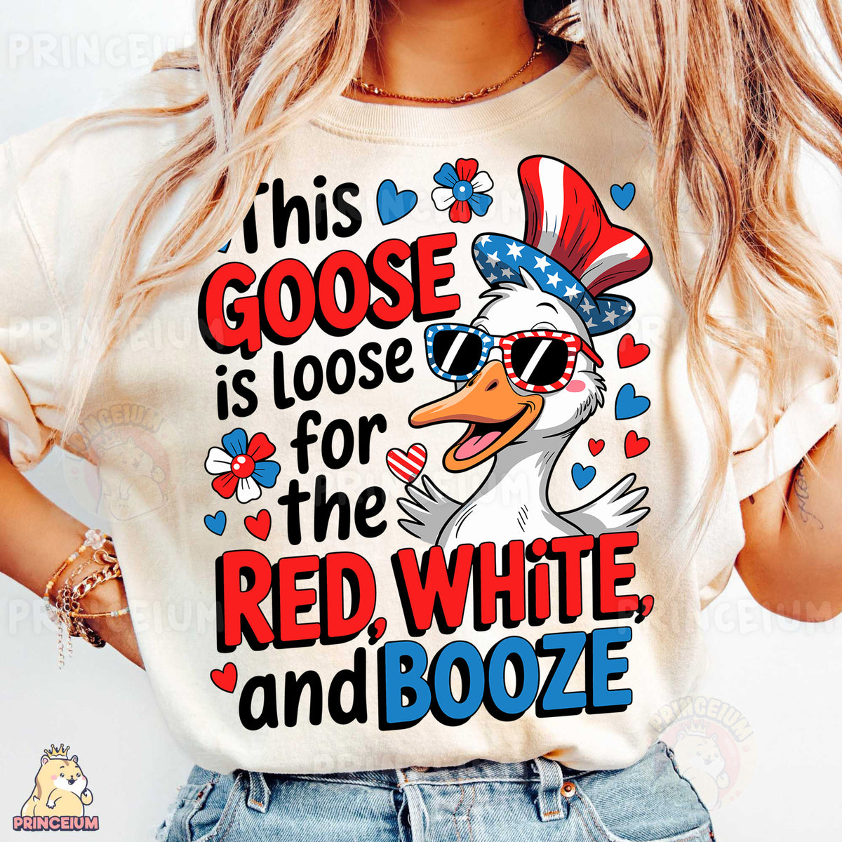 a woman wearing a t - shirt that says, this goose is loose for the