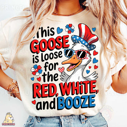 a woman wearing a t - shirt that says, this goose is loose for the