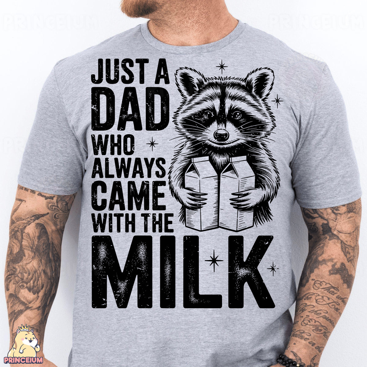 a man wearing a t - shirt that says just a dad who always came with