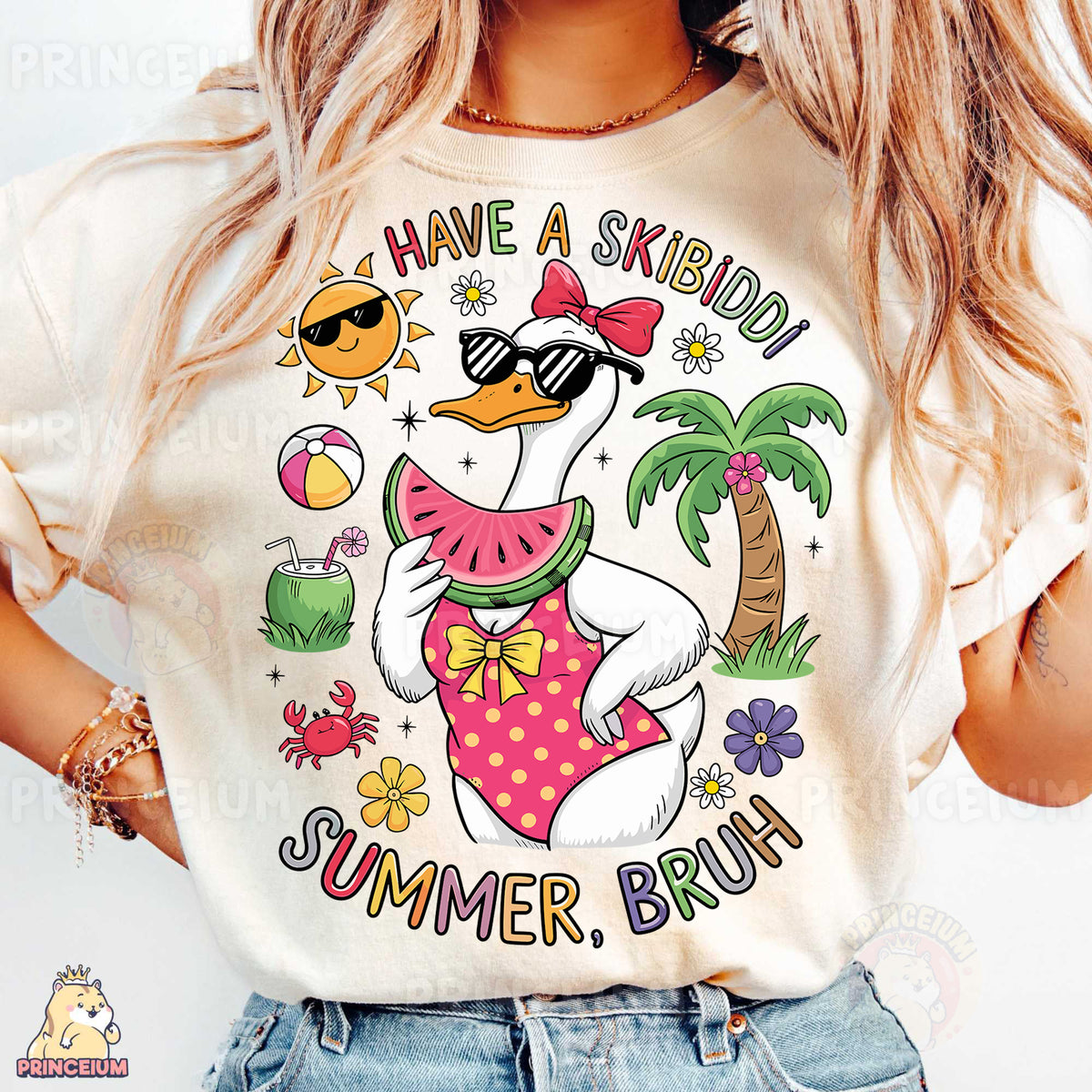 a woman wearing a t - shirt with a duck on it
