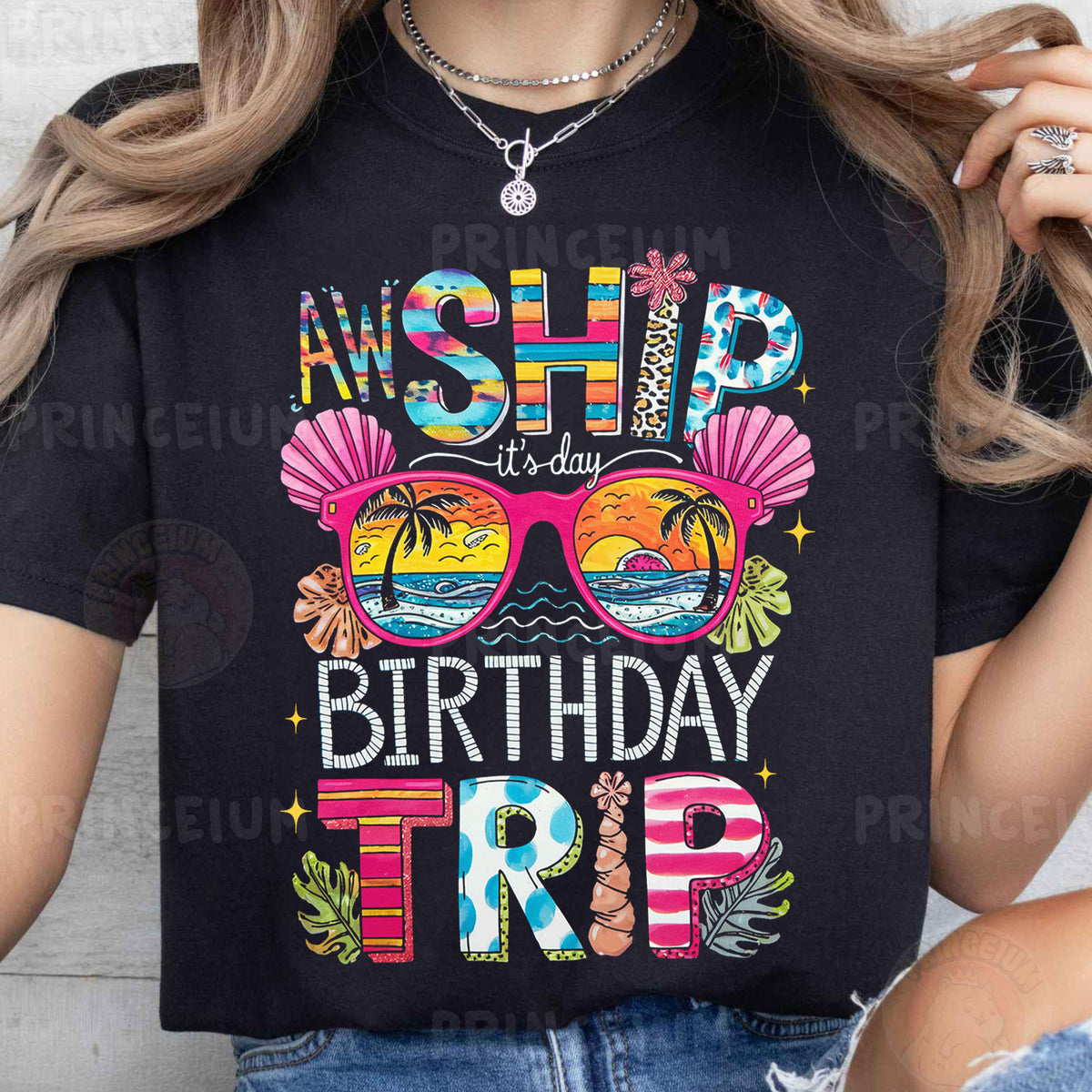 a woman wearing a t - shirt that says, wish it's birthday trip