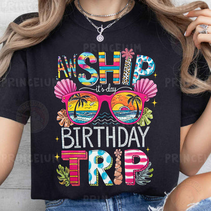 a woman wearing a t - shirt that says, wish it's birthday trip