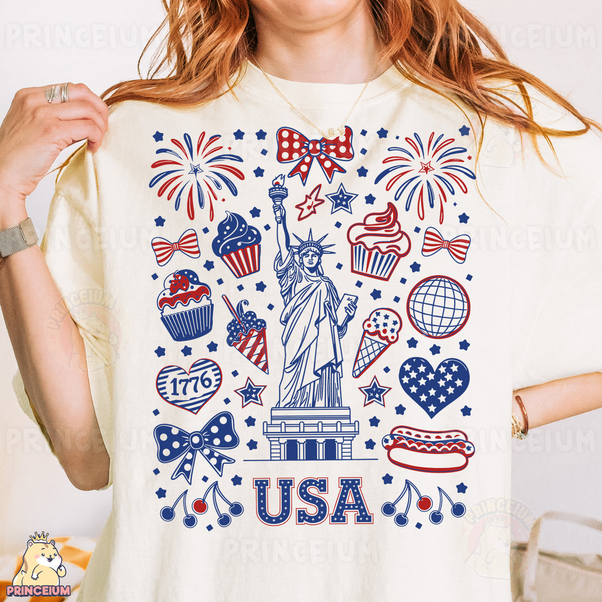 a woman wearing a t - shirt with the statue of liberty on it