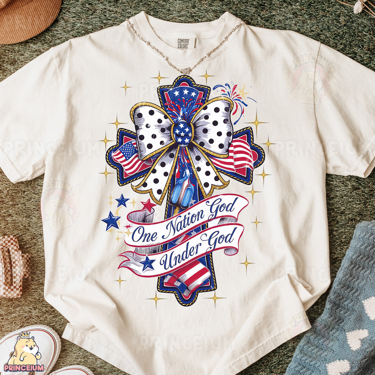 a t - shirt with a cross and american flags on it