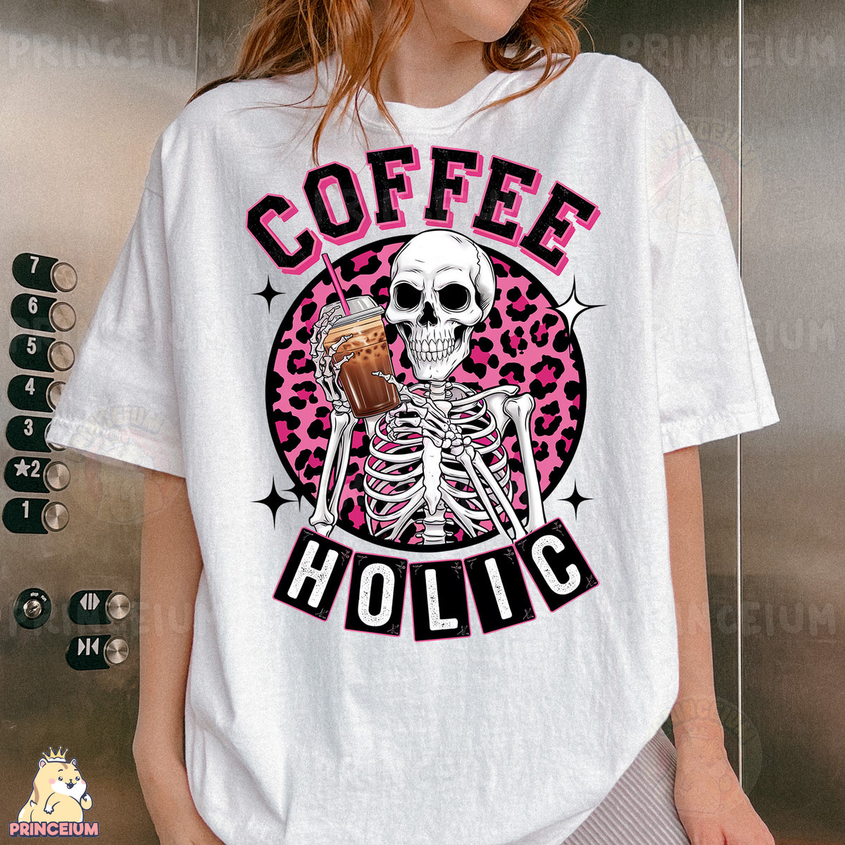 a woman wearing a white coffee holic t - shirt