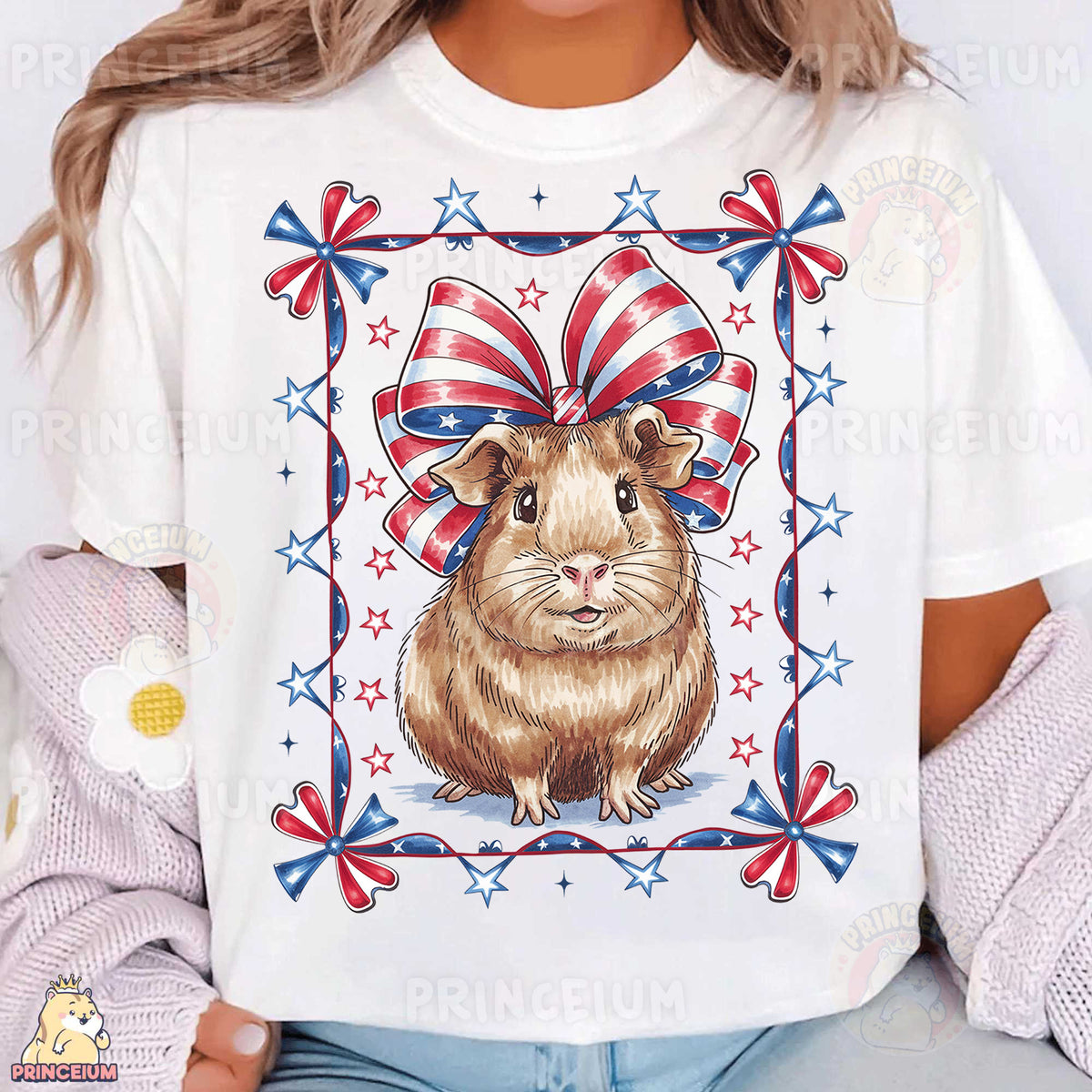 a woman wearing a t - shirt with a picture of a hamster wearing a