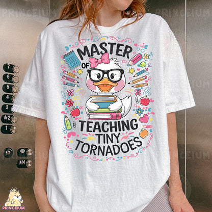 a woman wearing a t - shirt that says master of teaching tiny tornados