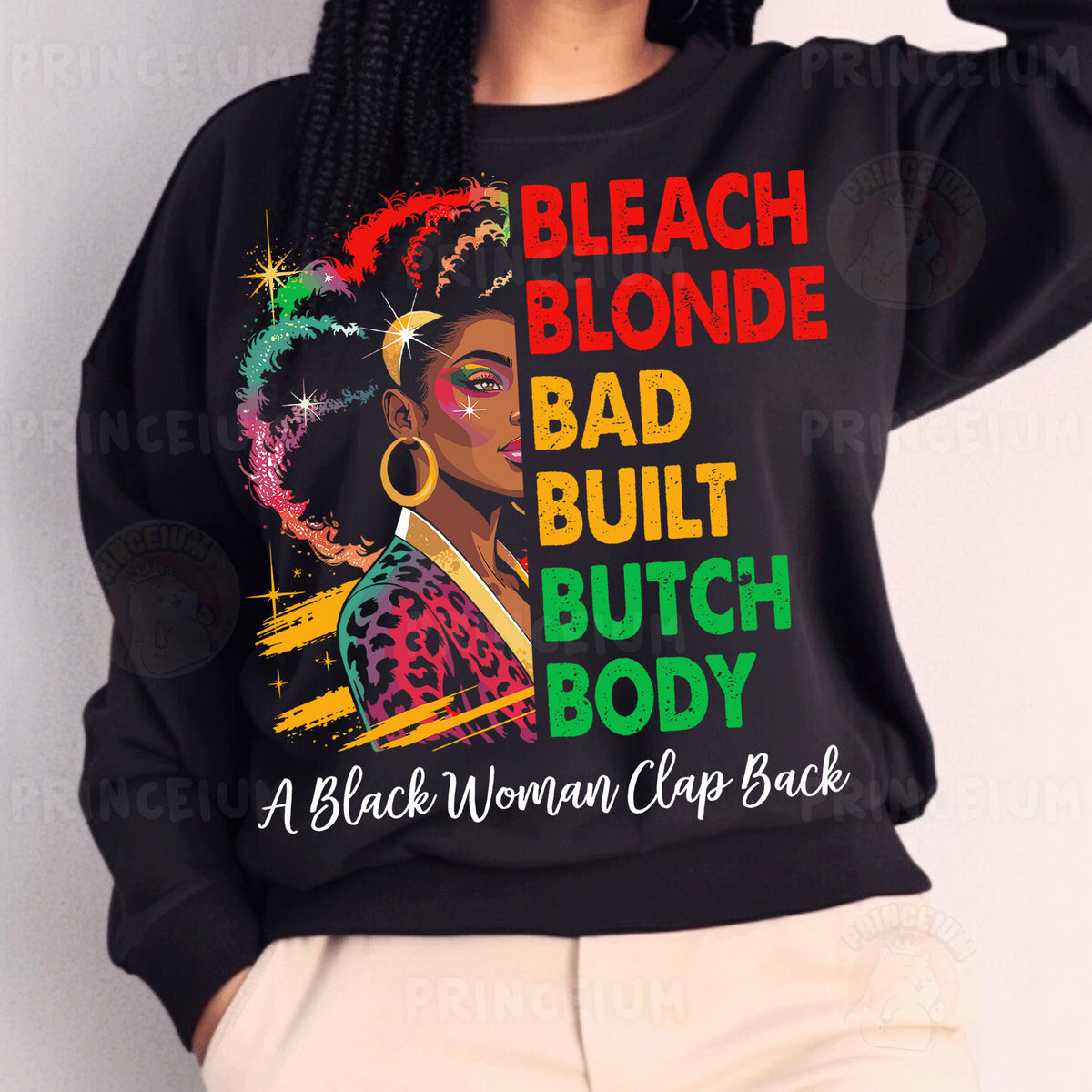 a woman wearing a black sweatshirt with the words bleach blonde, bad built