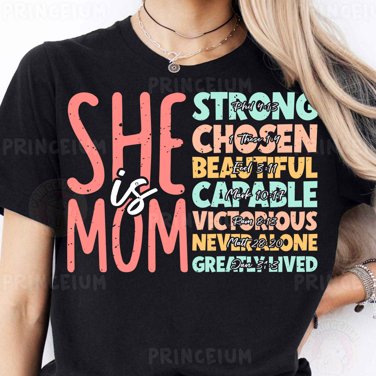 a woman wearing a black shirt that says she is a mom