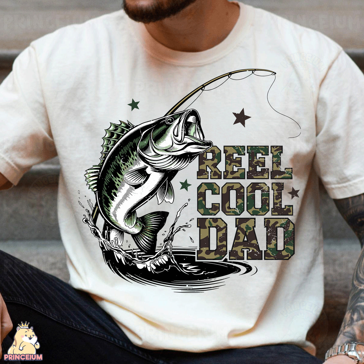 a man wearing a reel cool dad t - shirt