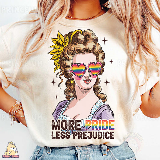 a woman wearing a t - shirt that says more pride less pride