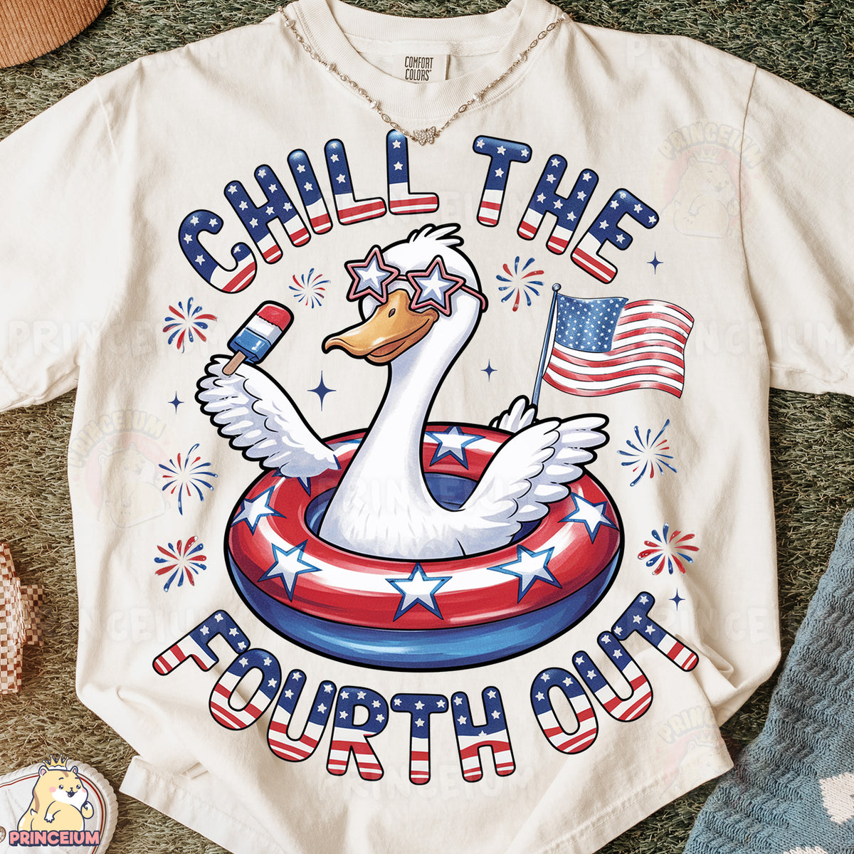 a t - shirt with an image of a duck floating on an inflatable