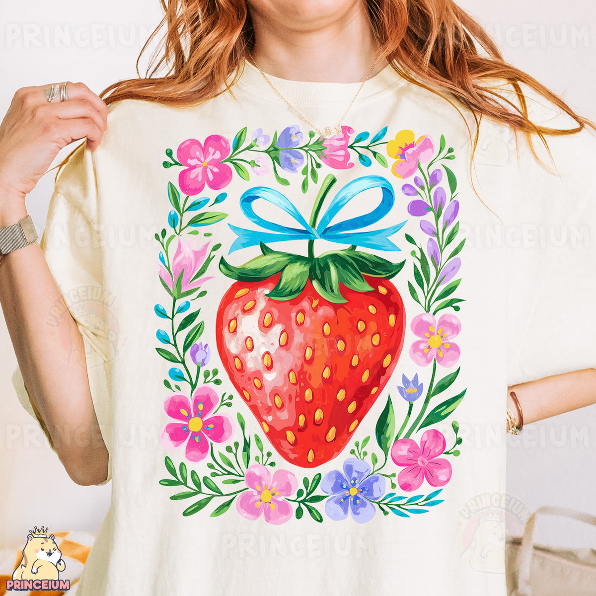 a woman wearing a t - shirt with a strawberry on it