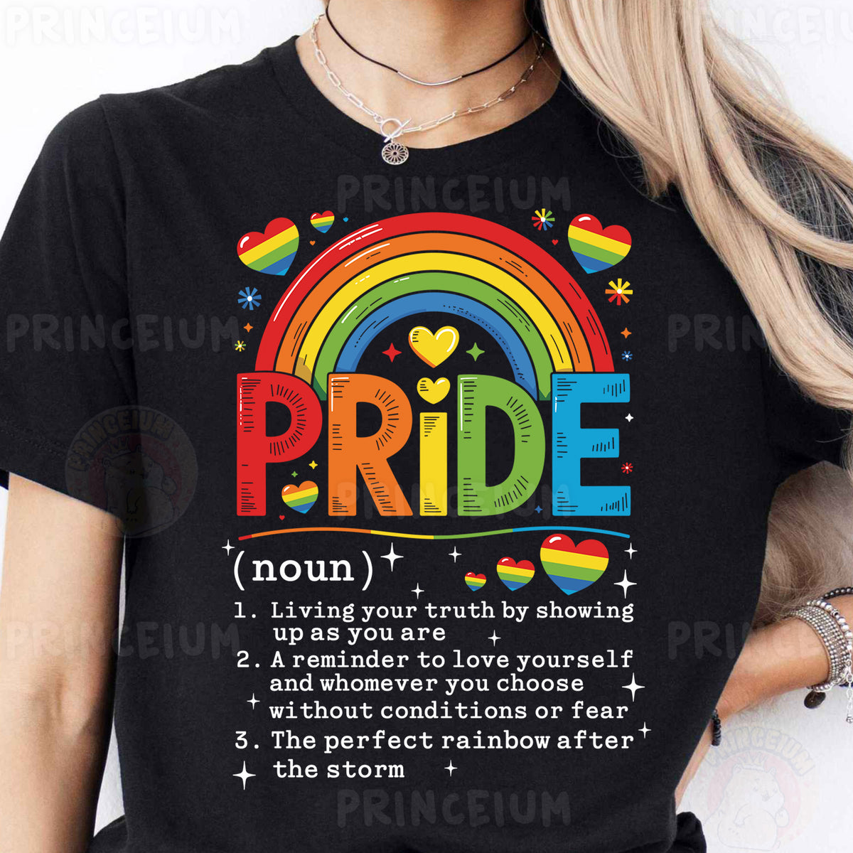 a woman wearing a black pride t - shirt