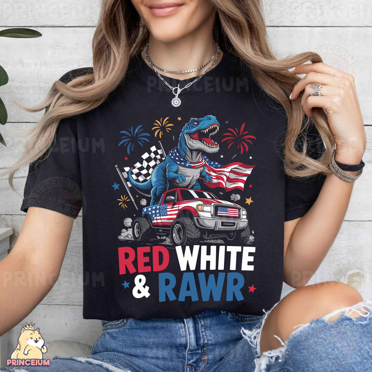 a woman wearing a red, white and raw t - shirt