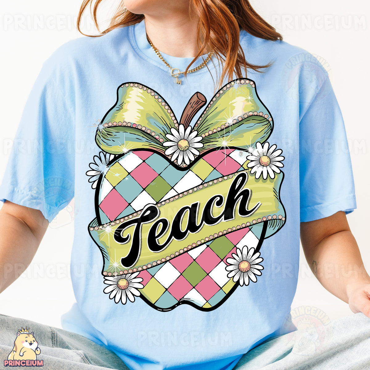 a girl wearing a light blue shirt with a bow on it