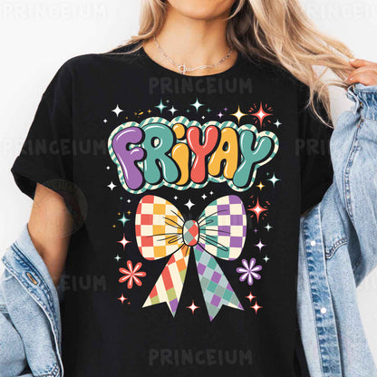 a woman wearing a black t - shirt with the words frya on it