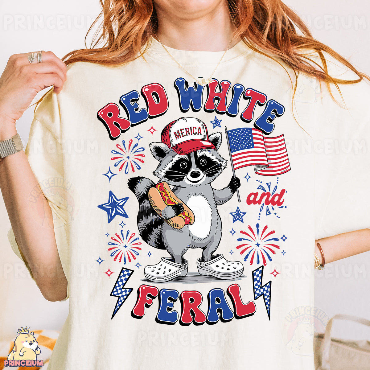 a woman wearing a red white and blue shirt