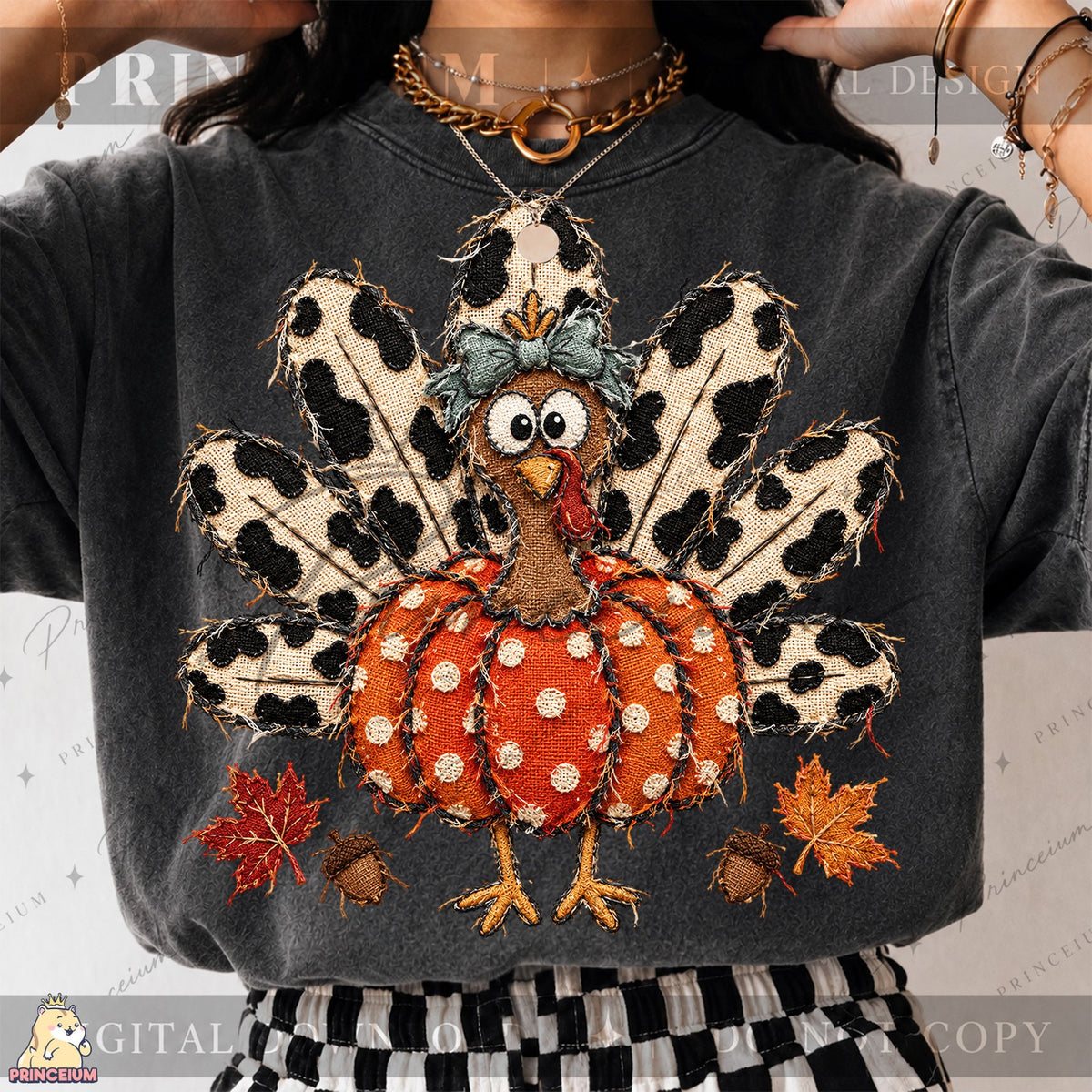 Frayed Embroidered Pumpkin Turkey