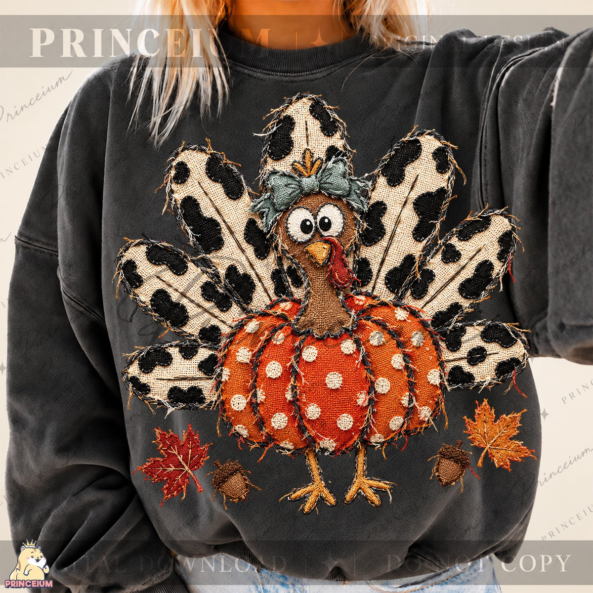 Frayed Embroidered Pumpkin Turkey