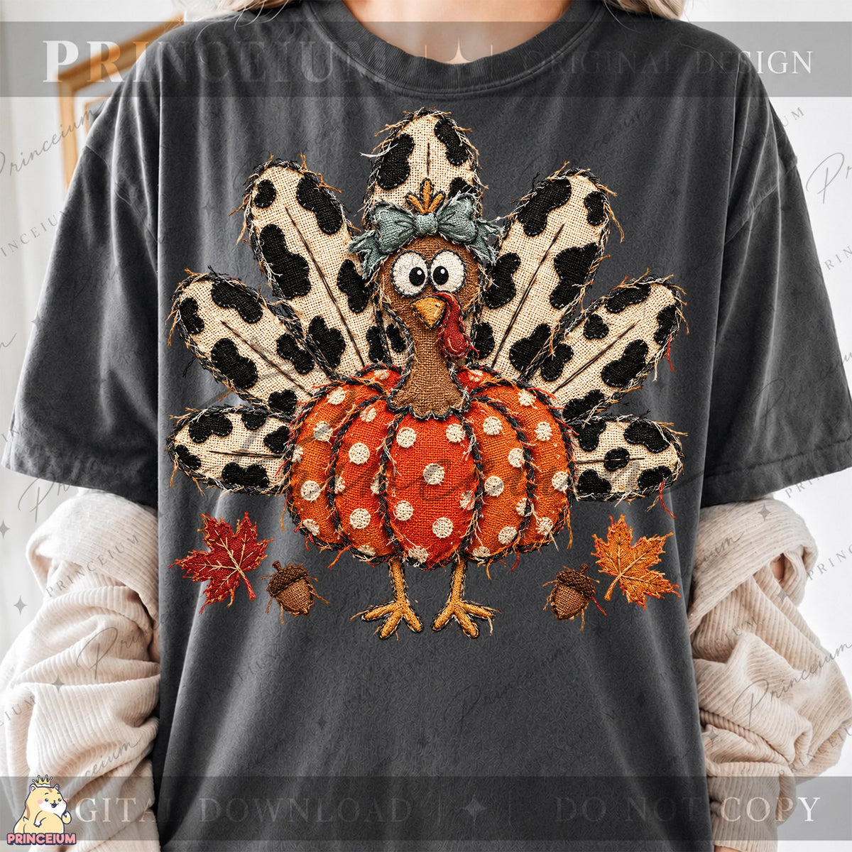 Frayed Embroidered Pumpkin Turkey