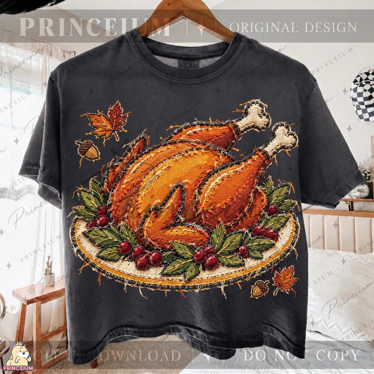 Frayed Embroidered Turkey Platter