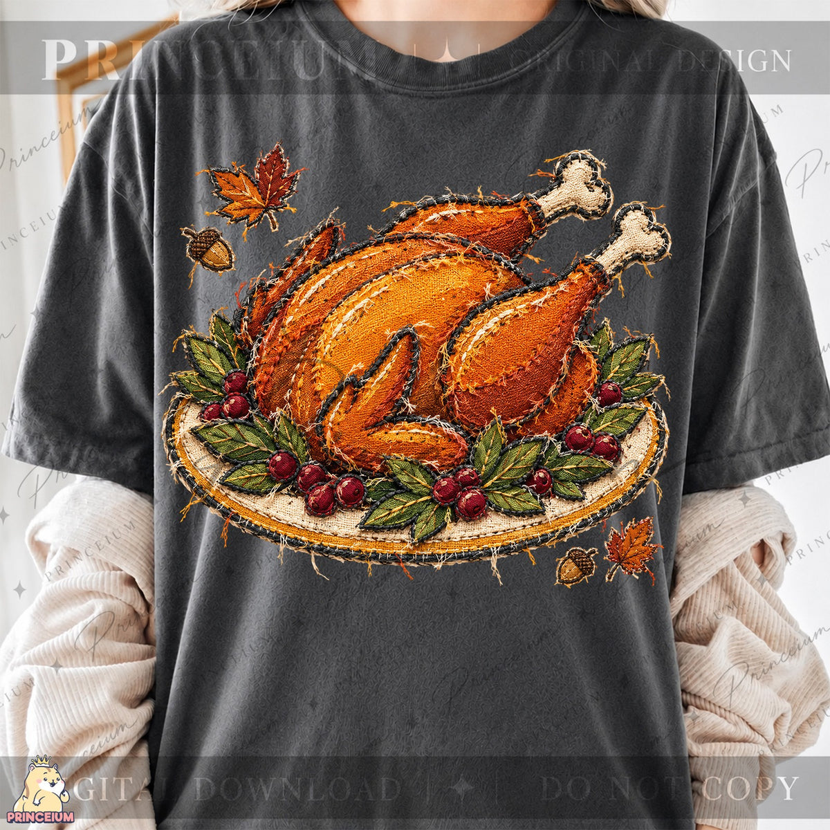 Frayed Embroidered Turkey Platter