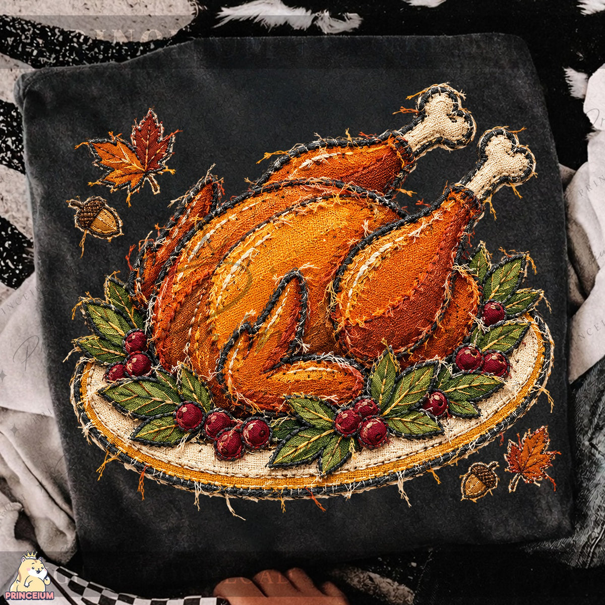 Frayed Embroidered Turkey Platter