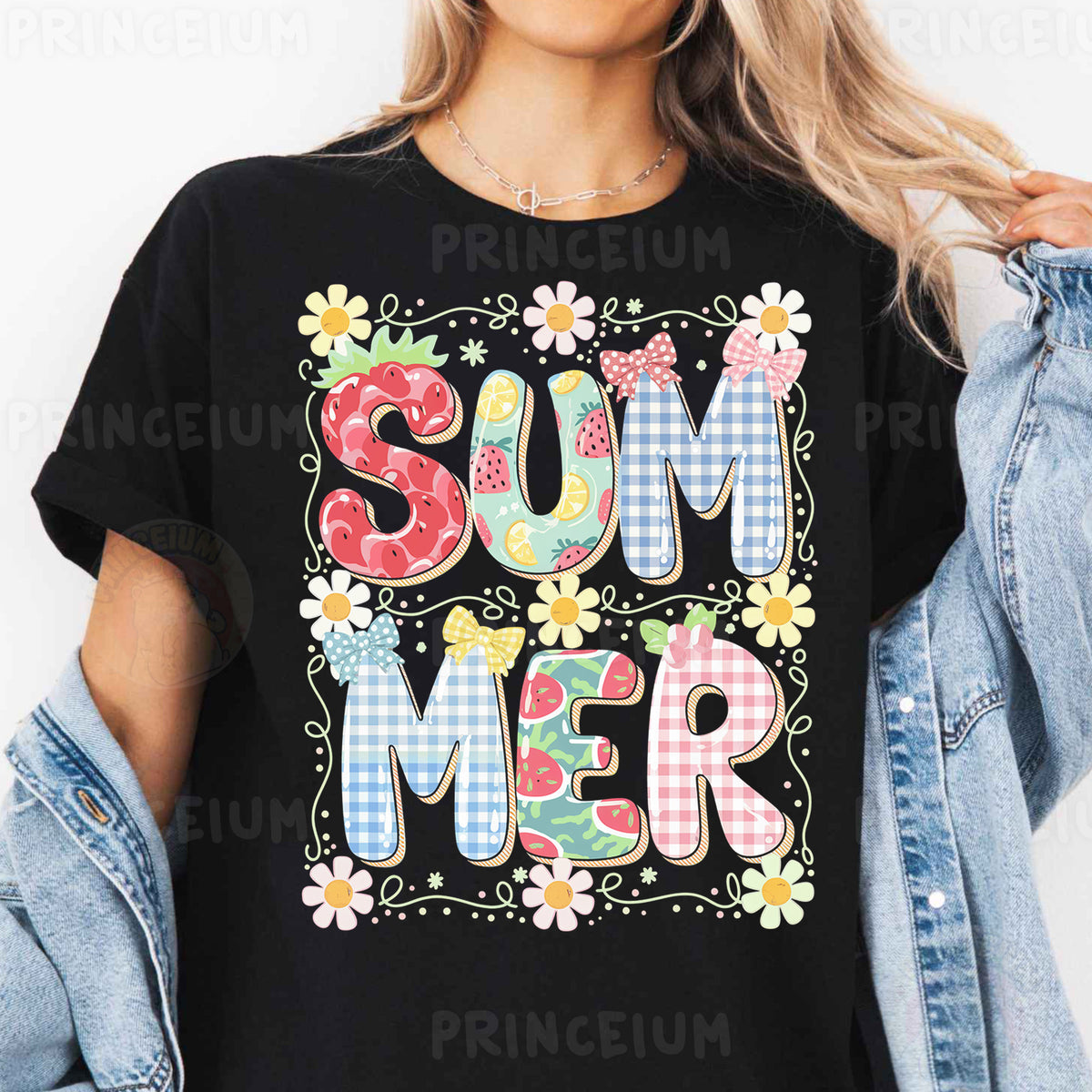 a woman wearing a t - shirt that says, summer