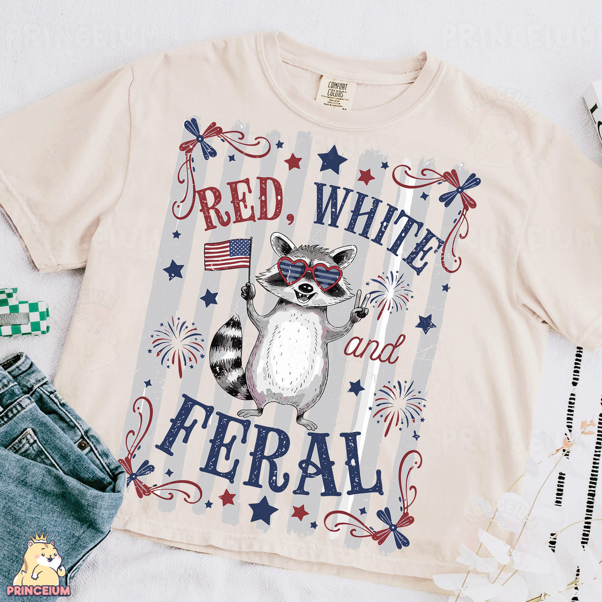 a t - shirt with a raccoon wearing a red, white and blue